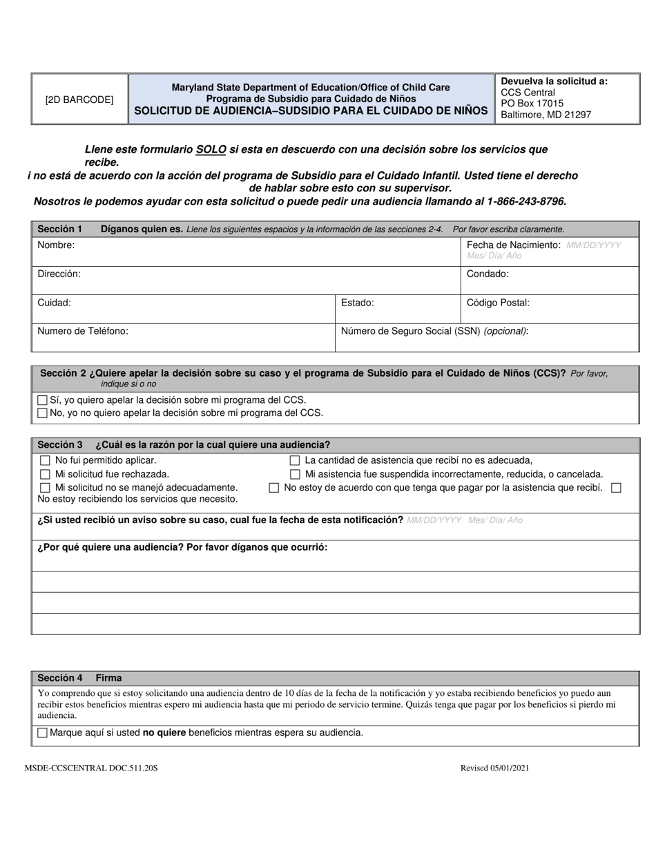 Solicitud De Audiencia - Sudsidio Para El Cuidado De Ninos - Maryland (Spanish), Page 3