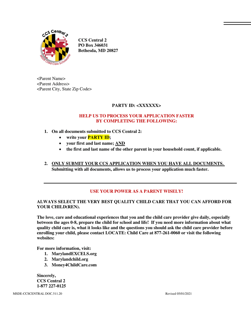 Request for Hearing - Child Care Scholarship - Maryland, Page 1