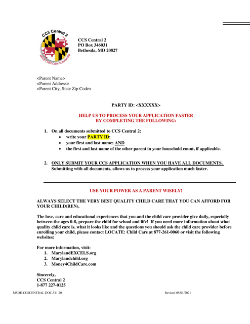 Request for Hearing - Child Care Scholarship - Maryland