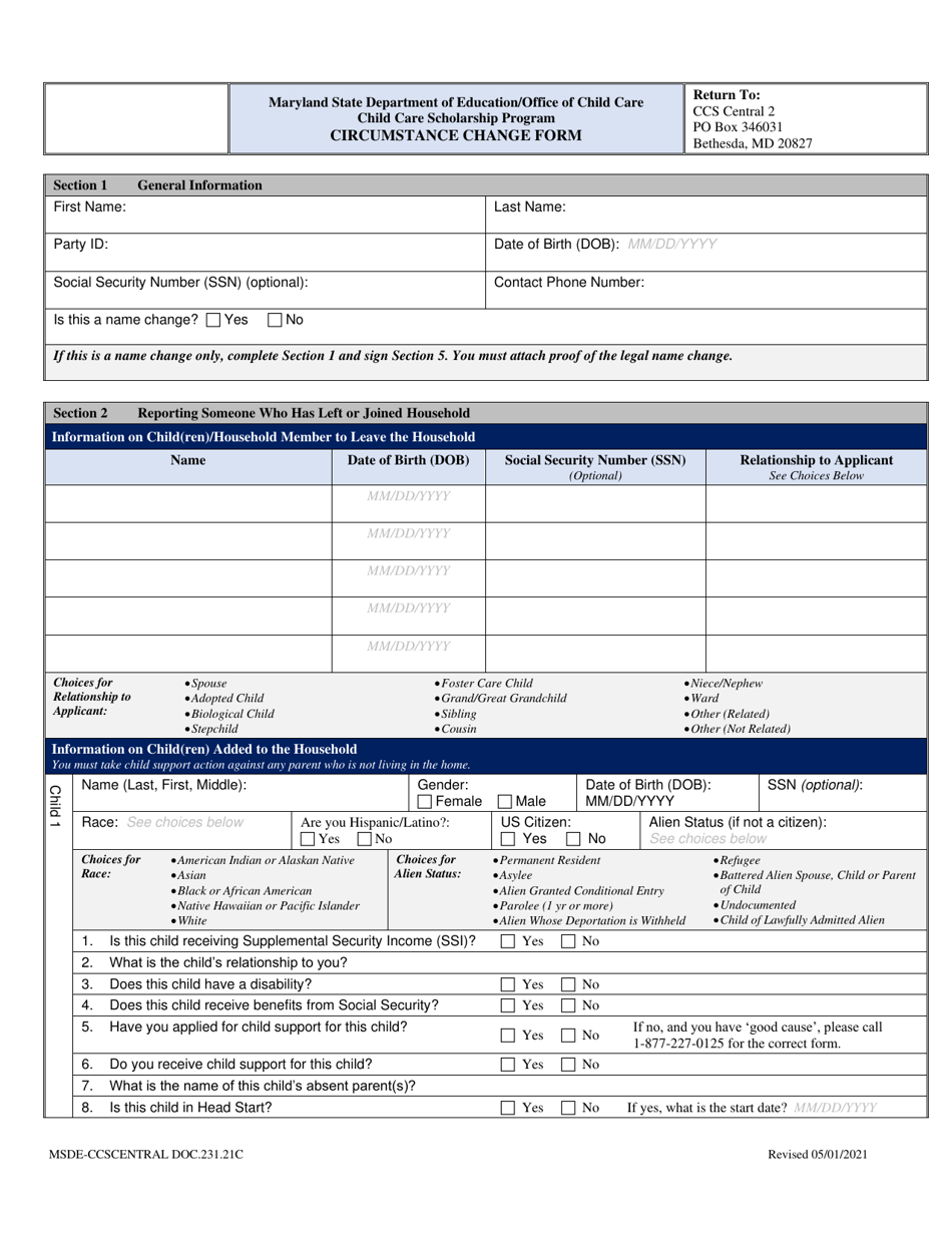Circumstance Change Form - Maryland, Page 2