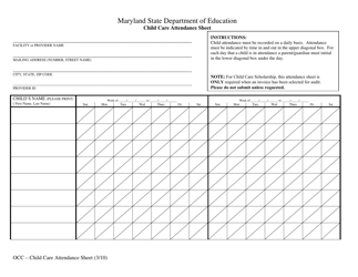 Document preview: Child Care Attendance Sheet - Maryland