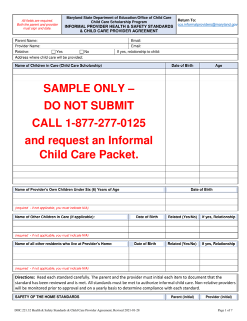 Informal Provider Health & Safety Standards & Child Care Provider Agreement - Sample - Maryland