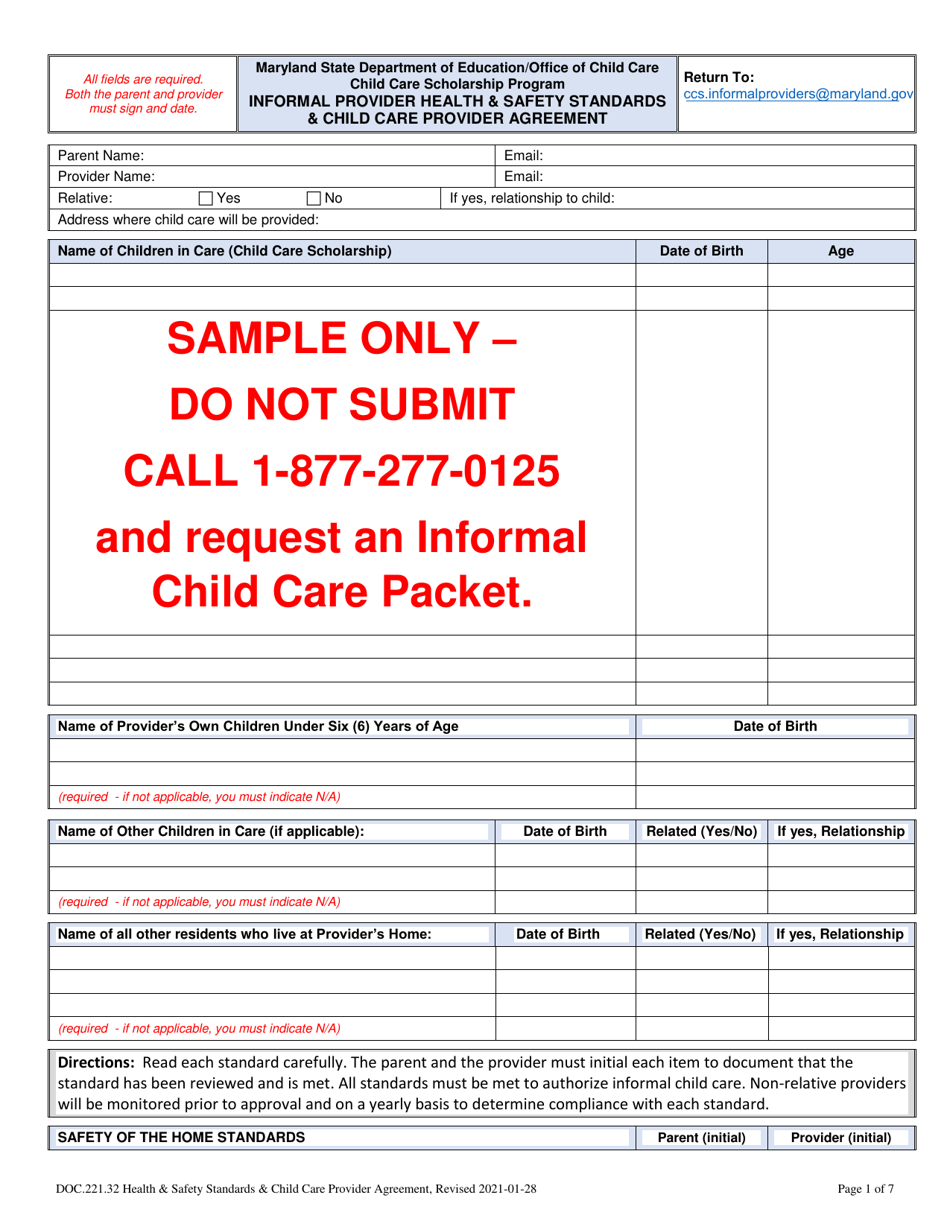 Informal Provider Health  Safety Standards  Child Care Provider Agreement - Sample - Maryland, Page 1