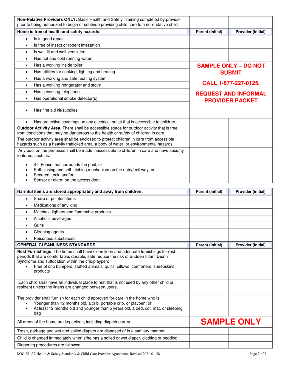 Informal Provider Health Safety Standards Child Care Provider Agreement - Sample - Maryland, Page 2