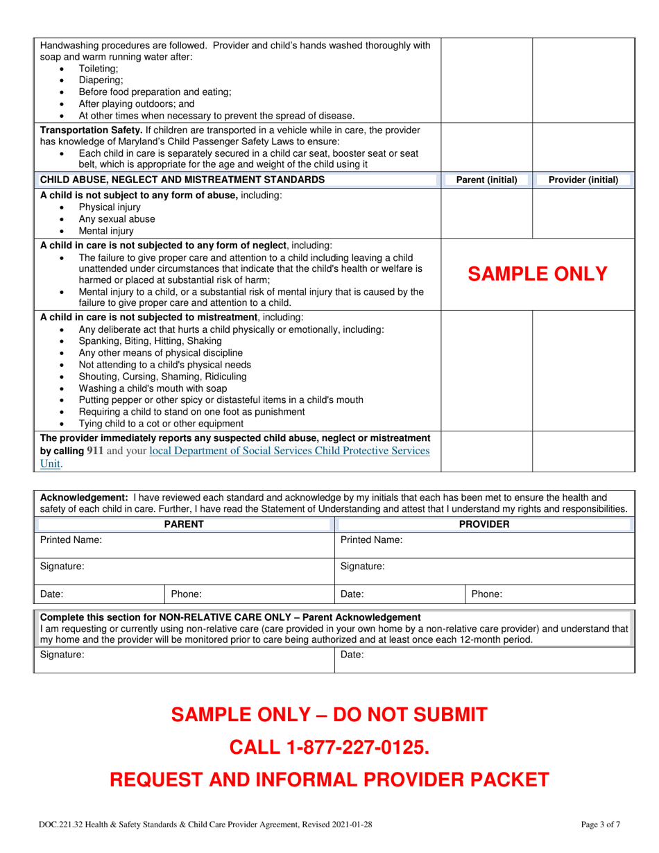 Informal Provider Health Safety Standards Child Care Provider Agreement - Sample - Maryland, Page 3