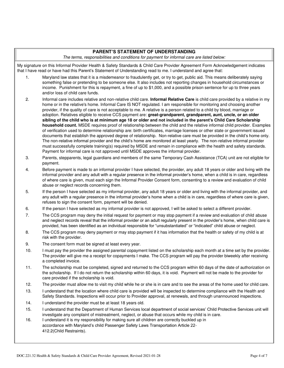 Informal Provider Health Safety Standards Child Care Provider Agreement - Sample - Maryland, Page 4