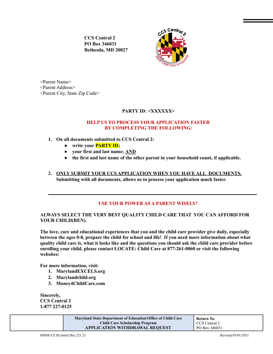 Application Withdrawal Request - Maryland, Page 1