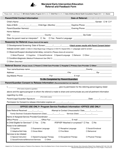 Maryland Early Intervention/Education Referral and Feedback Form - Maryland
