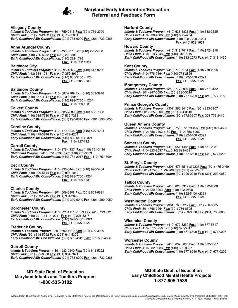 Maryland Early Intervention / Education Referral and Feedback Form - Maryland, Page 2