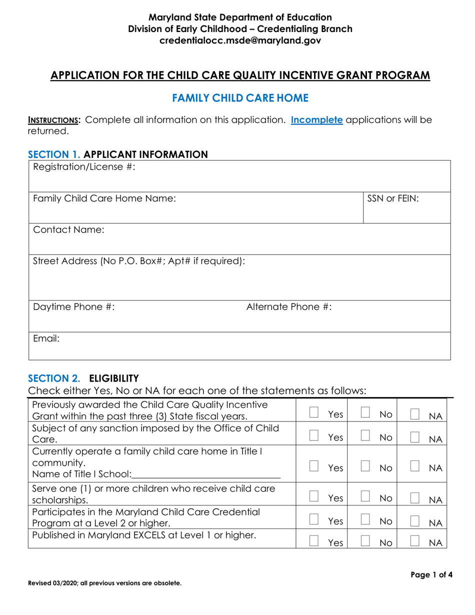 Maryland Application for the Child Care Quality Incentive Grant Program