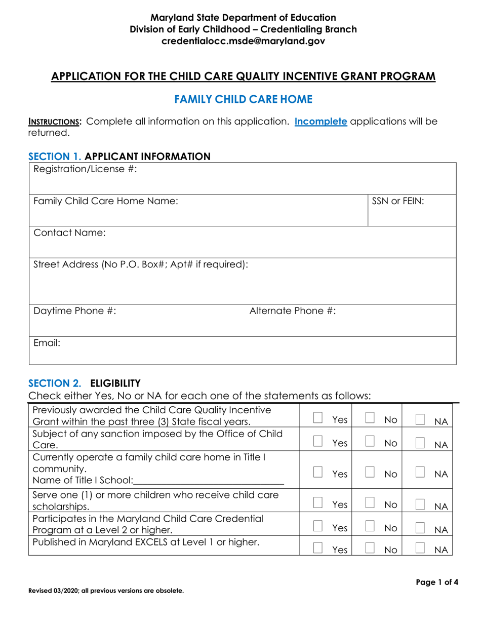 Application for the Child Care Quality Incentive Grant Program - Family Child Care Home - Maryland, Page 1