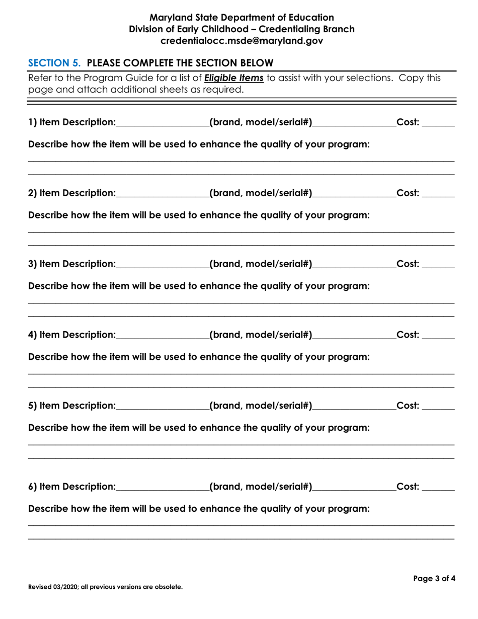 Application for the Child Care Quality Incentive Grant Program - Family Child Care Home - Maryland, Page 3