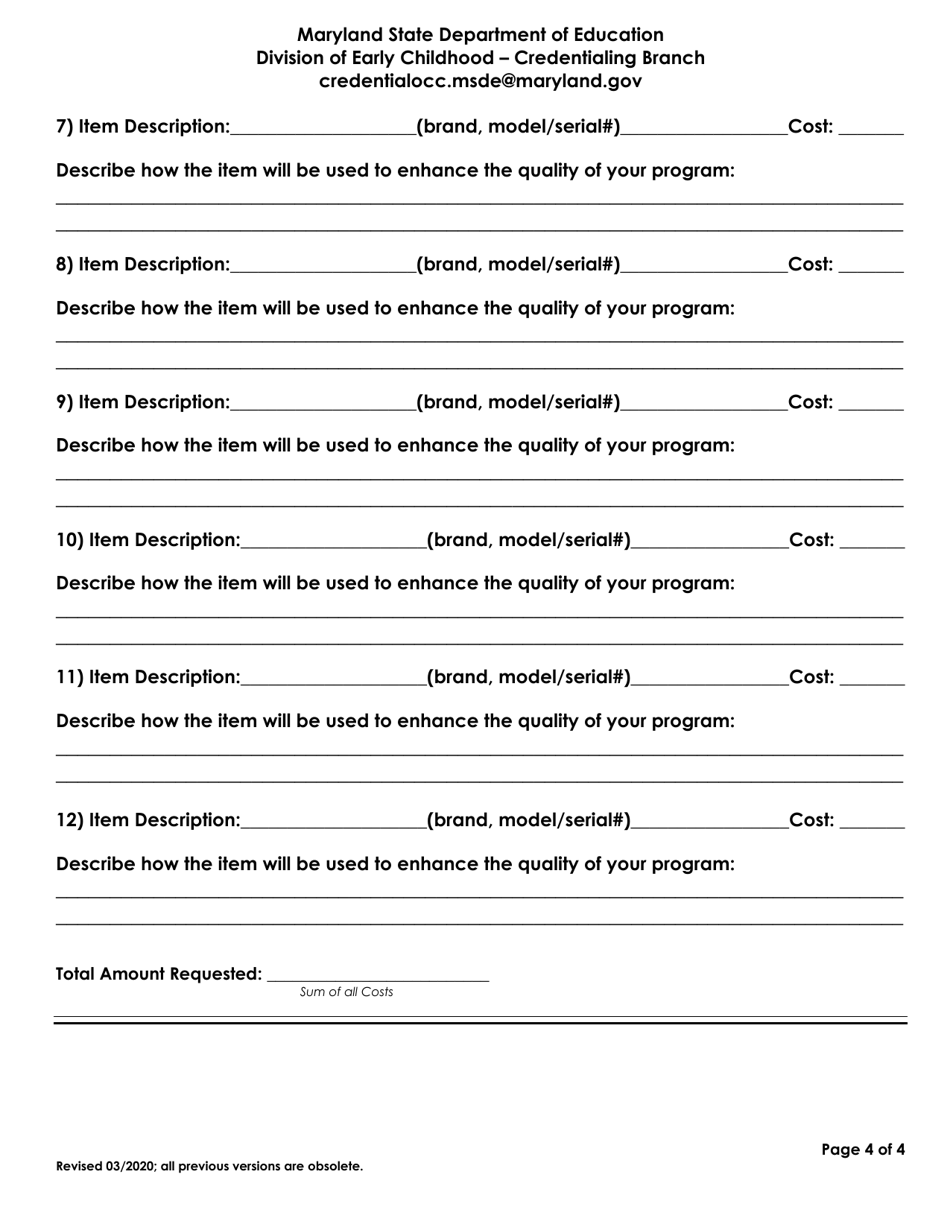 Application for the Child Care Quality Incentive Grant Program - Family Child Care Home - Maryland, Page 4