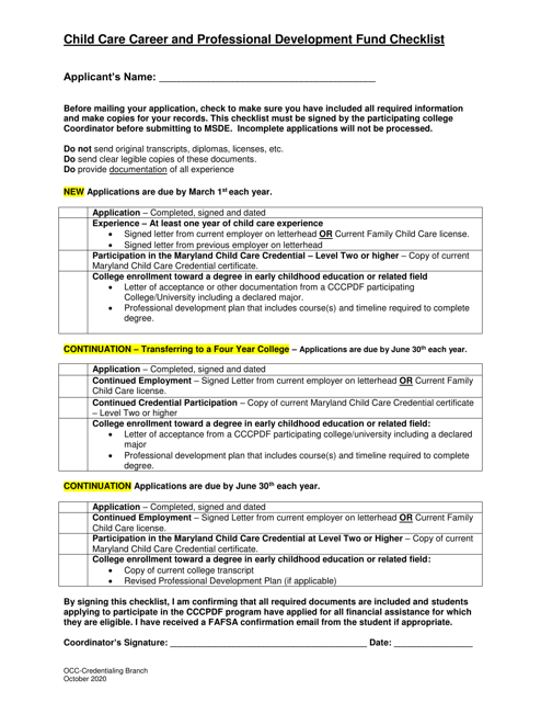 Child Care Career and Professional Development Fund Checklist - Maryland Download Pdf