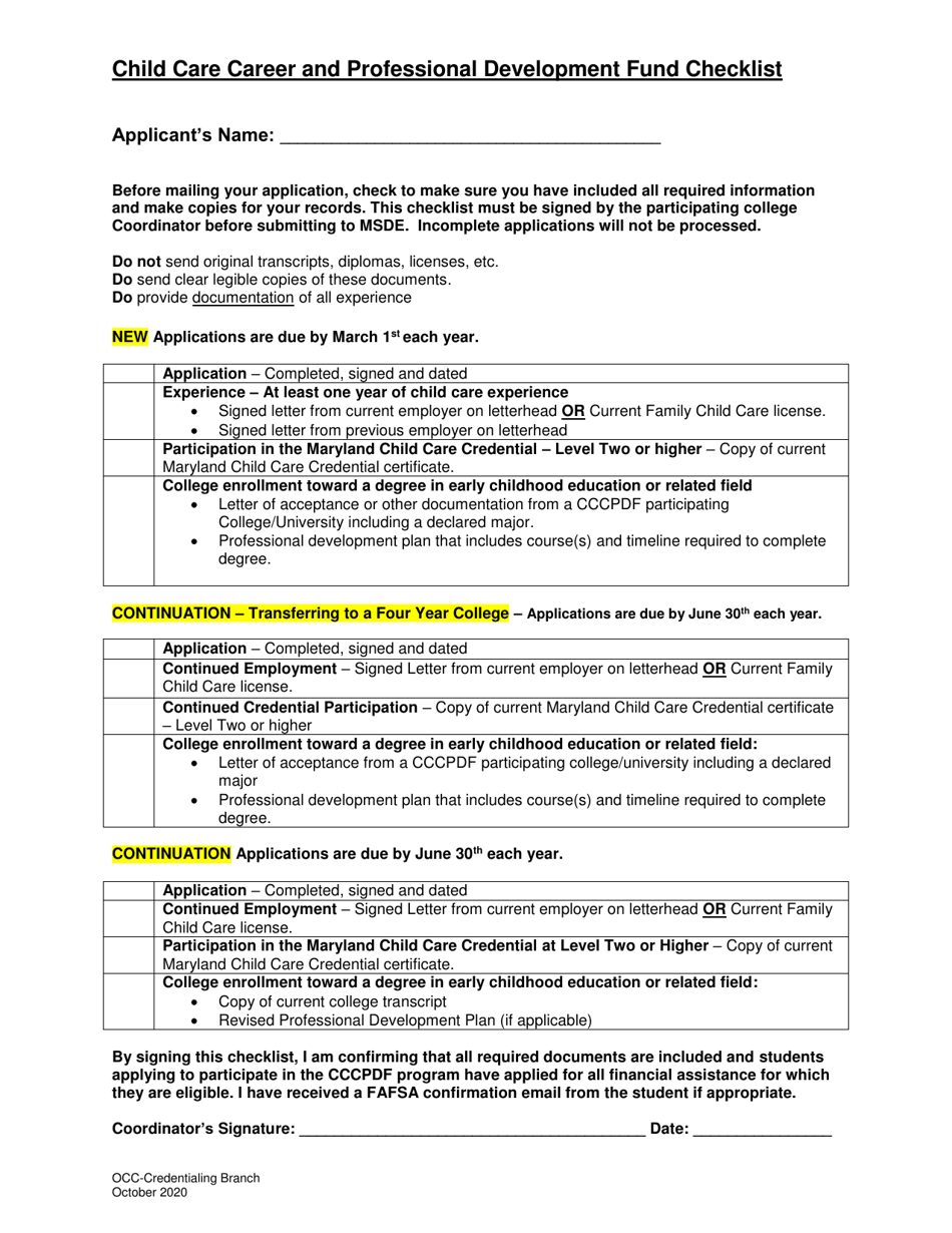 Maryland Child Care Career and Professional Development Fund Checklist ...