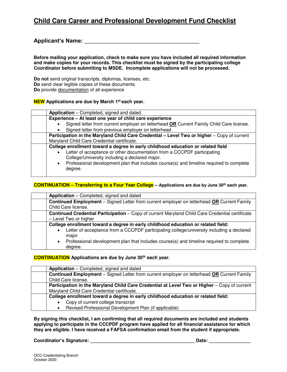 Child Care Career and Professional Development Fund Checklist - Maryland, Page 1