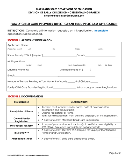 Family Child Care Provider Direct Grant Fund Program Application - Maryland Download Pdf