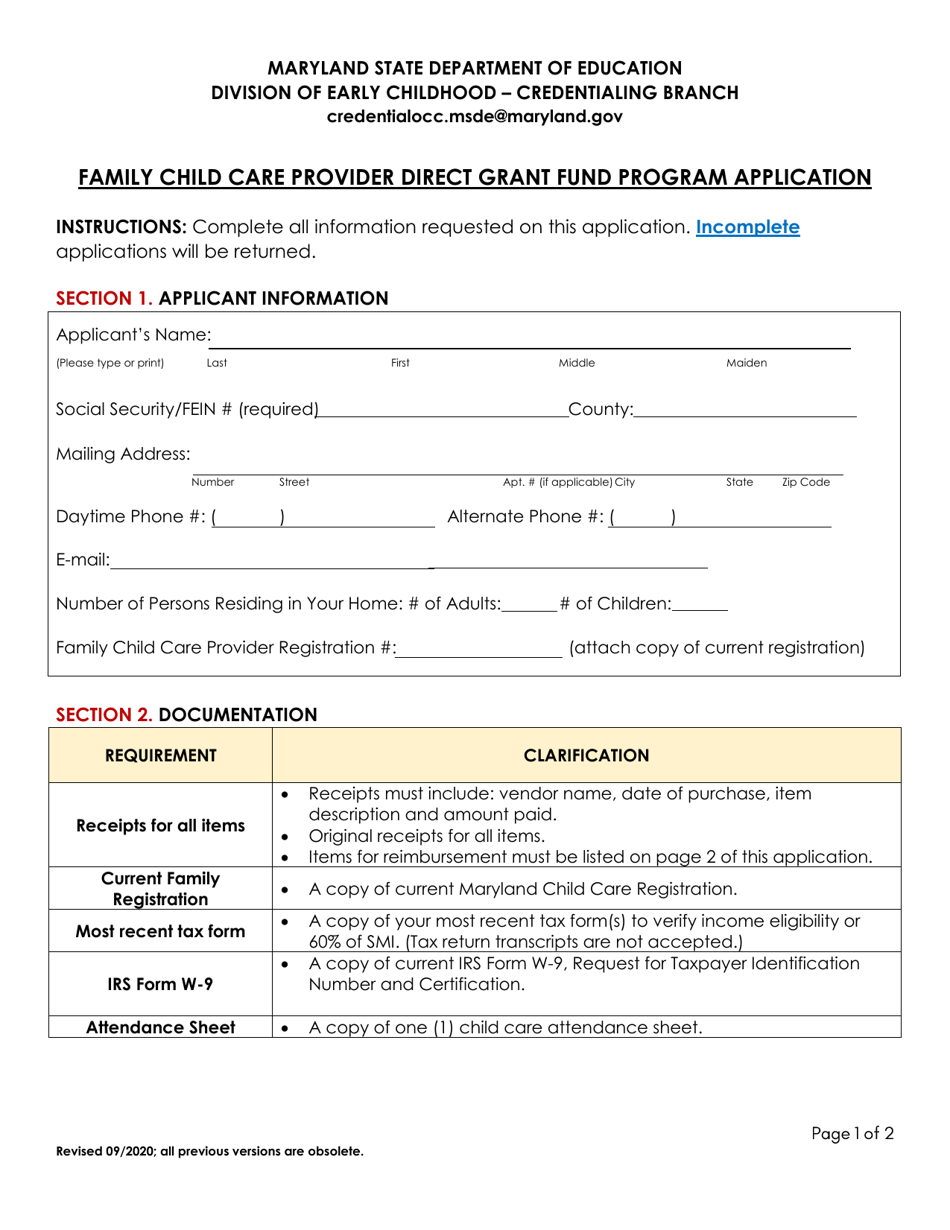 Family Child Care Provider Direct Grant Fund Program Application - Maryland, Page 1