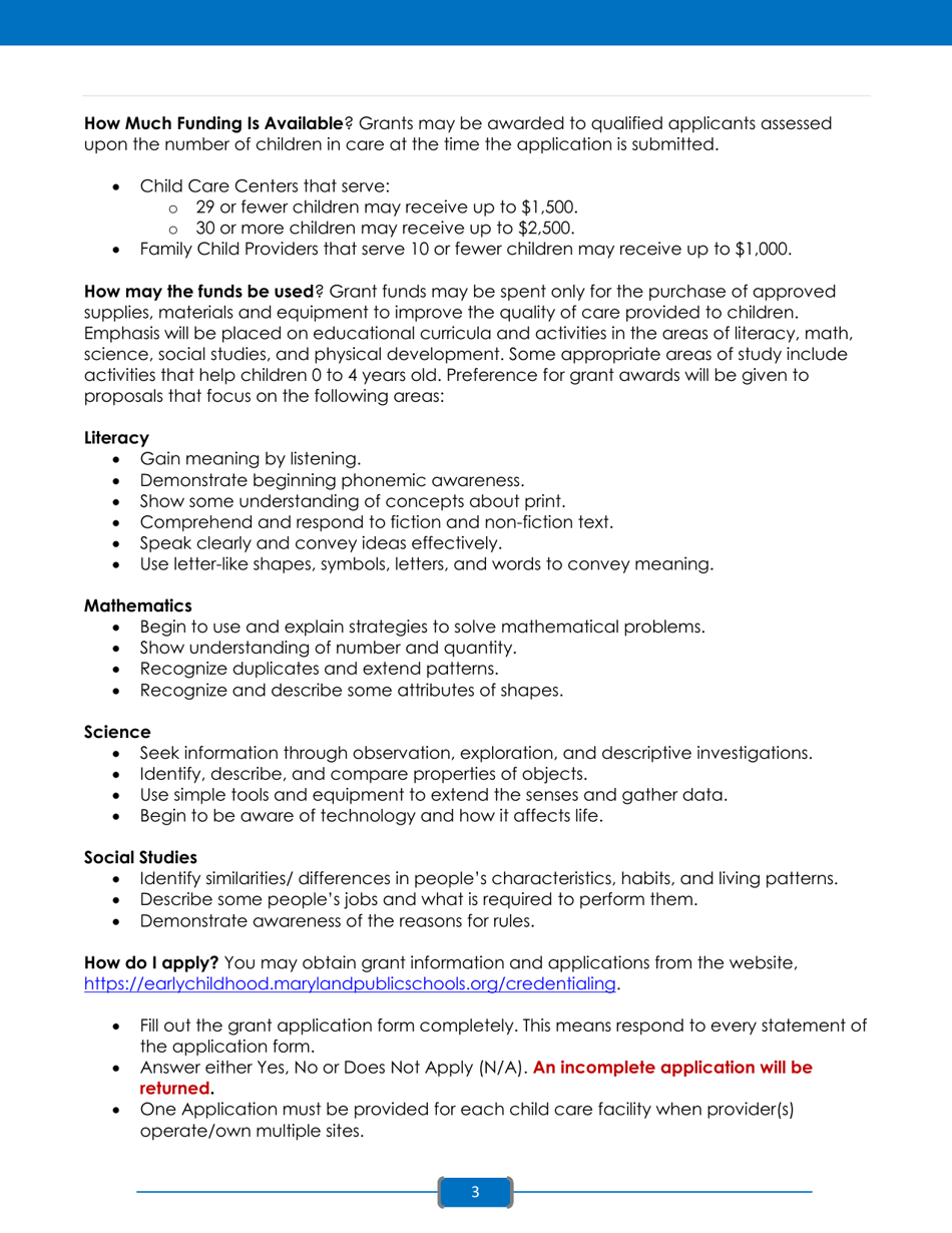 Instructions for Application for the Child Care Quality Incentive Grant Program - Maryland, Page 3