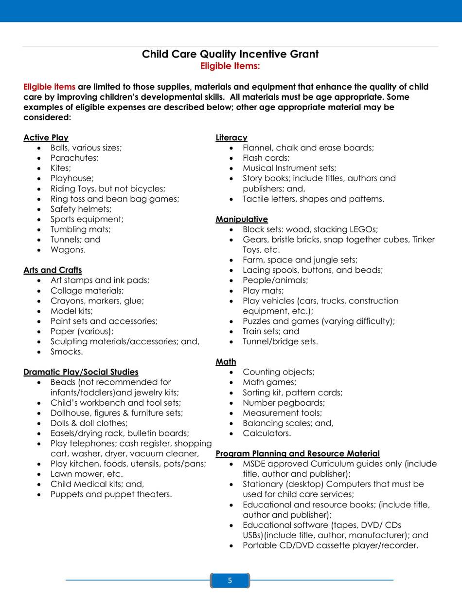 Instructions for Application for the Child Care Quality Incentive Grant Program - Maryland, Page 5