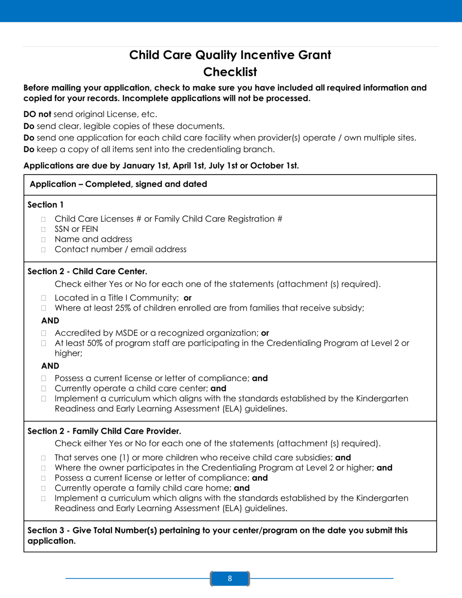 Instructions for Application for the Child Care Quality Incentive Grant Program - Maryland, Page 8