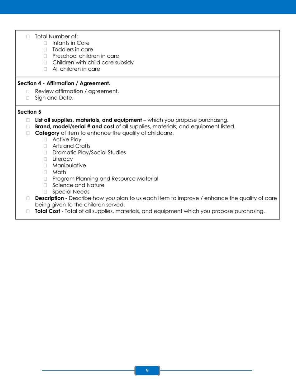 Instructions for Application for the Child Care Quality Incentive Grant Program - Maryland, Page 9