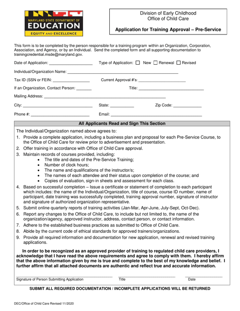 Application for Training Approval - Pre-service - Maryland Download Pdf