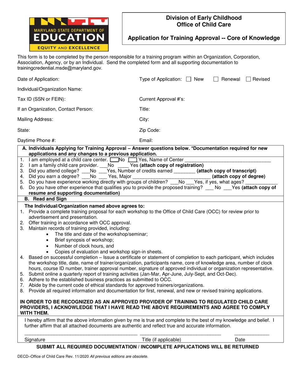 Application for Training Approval - Core of Knowledge - Maryland, Page 1