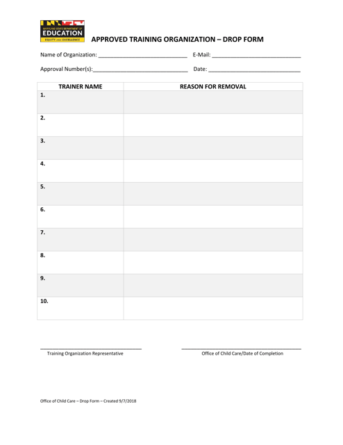 Approved Training Organization - Drop Form - Maryland Download Pdf