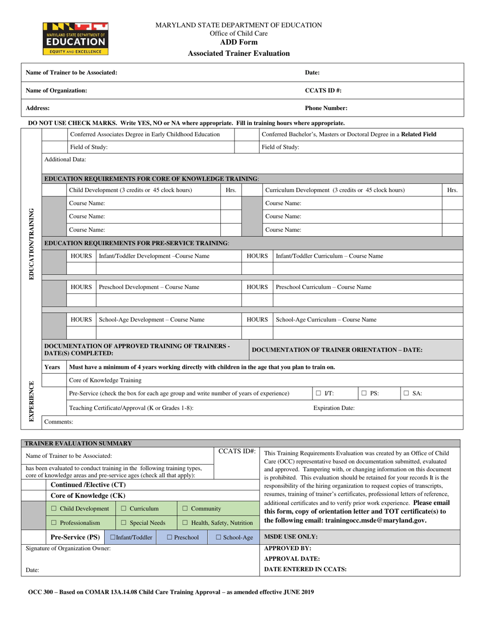 Form OCC300 Add Form - Associated Trainer Evaluation - Maryland, Page 1