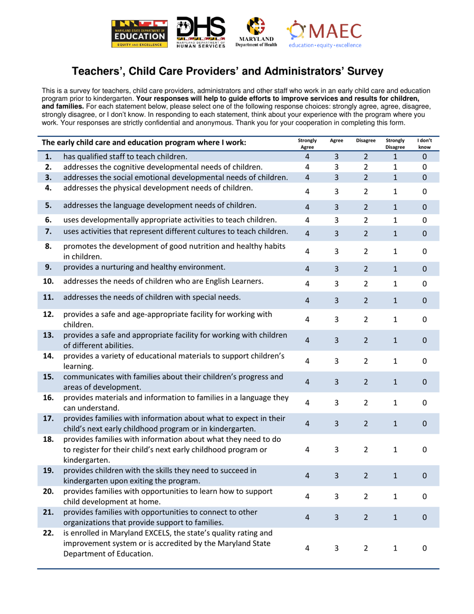 Teachers, Child Care Providers and Administrators Survey - Maryland, Page 1