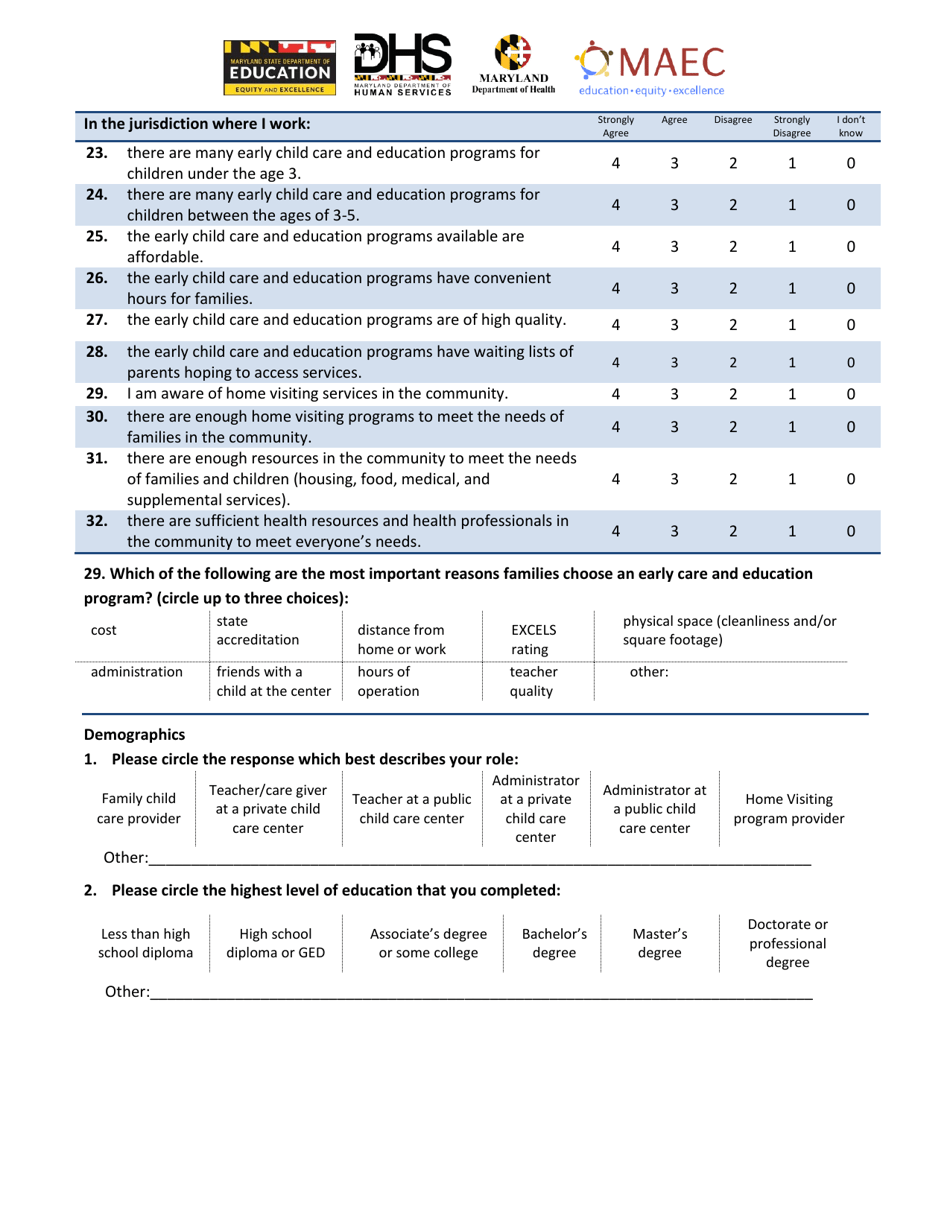 Teachers, Child Care Providers and Administrators Survey - Maryland, Page 2