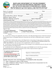 Form MDE/ARA/PER.050 Application for Reciprocal Recognition of out of State Radioactive Materials License - Maryland