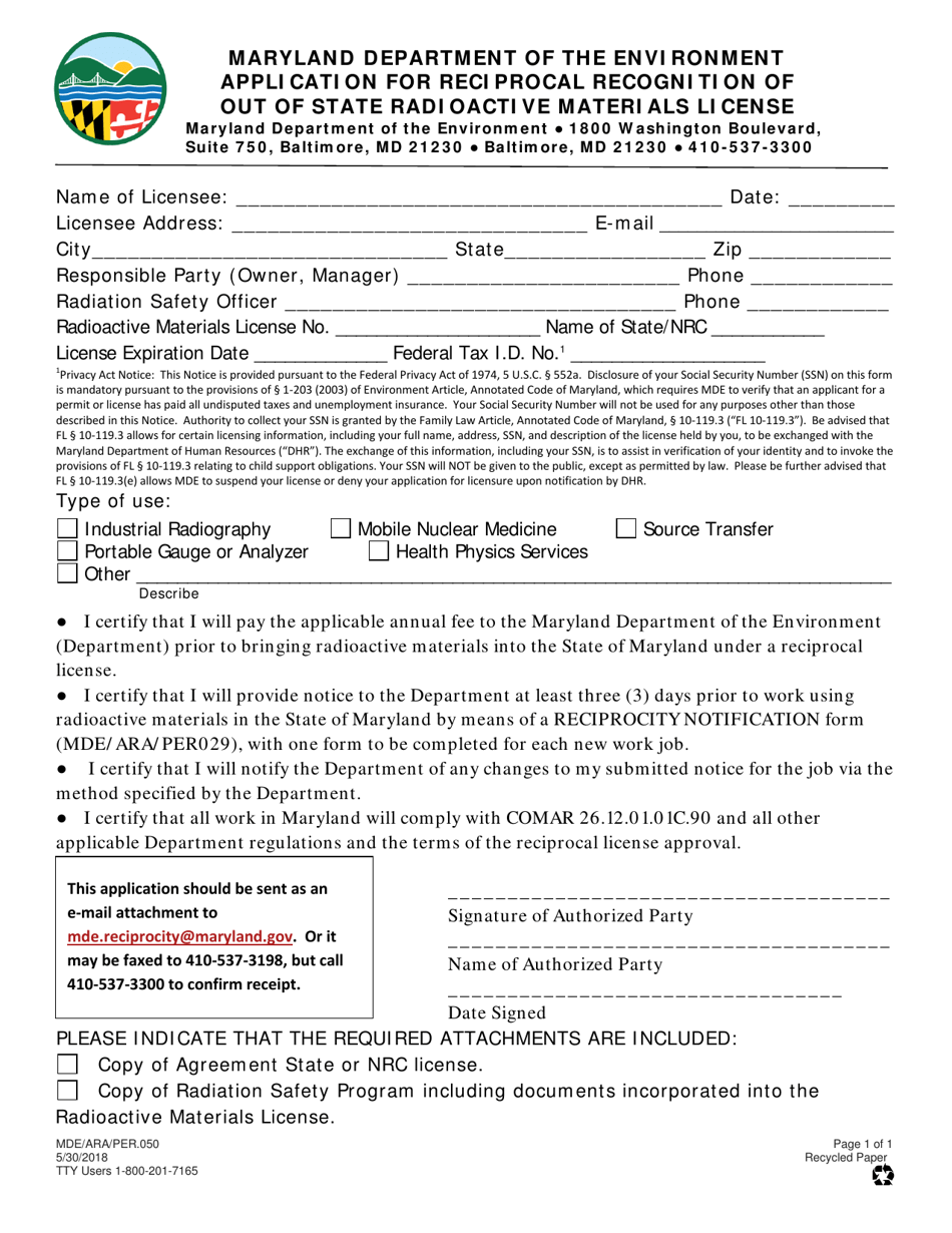 Form MDE / ARA / PER.050 Application for Reciprocal Recognition of out of State Radioactive Materials License - Maryland, Page 1