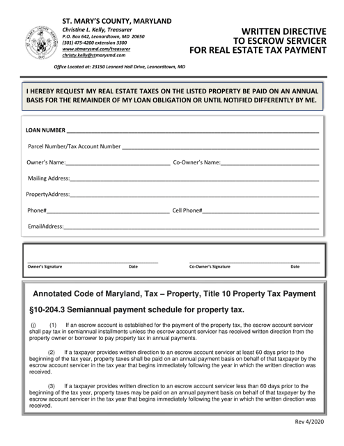 Written Directive to Escrow Servicer for Real Estate Tax Payment - St. Mary's County, Maryland Download Pdf
