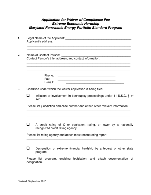Application for Waiver of Compliance Fee Extreme Economic Hardship - Maryland Renewable Energy Portfolio Standard Program - Maryland Download Pdf