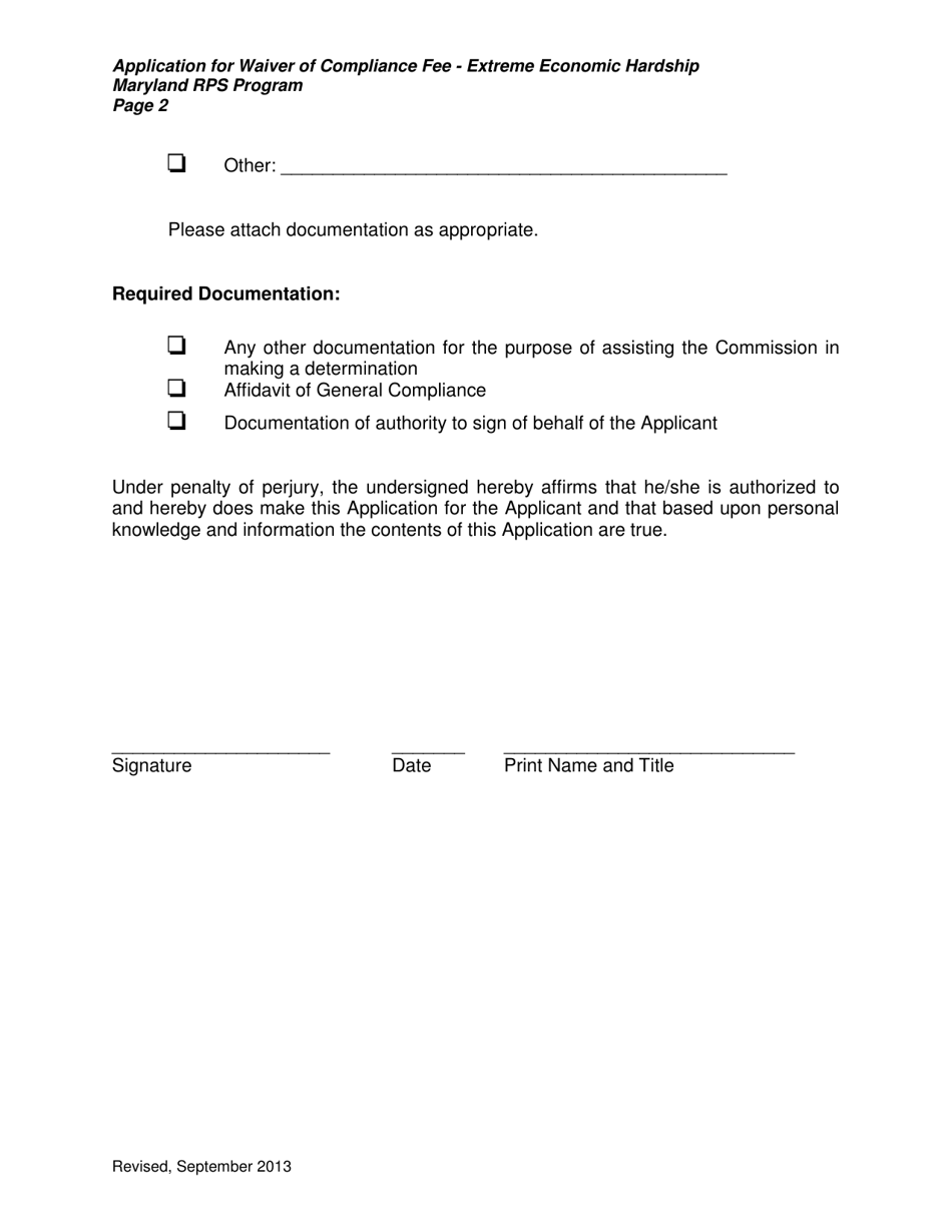 Application for Waiver of Compliance Fee Extreme Economic Hardship - Maryland Renewable Energy Portfolio Standard Program - Maryland, Page 2