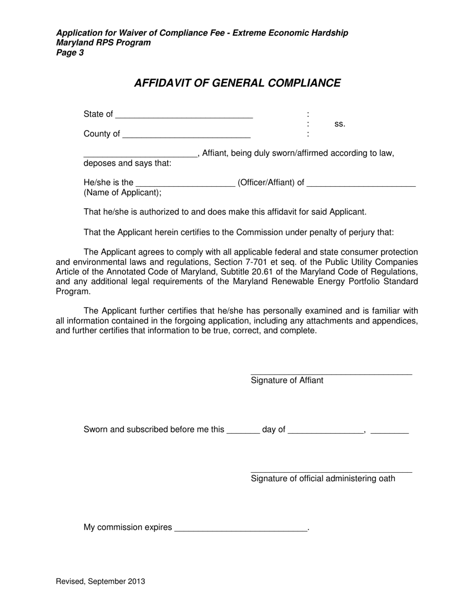 Application for Waiver of Compliance Fee Extreme Economic Hardship - Maryland Renewable Energy Portfolio Standard Program - Maryland, Page 3