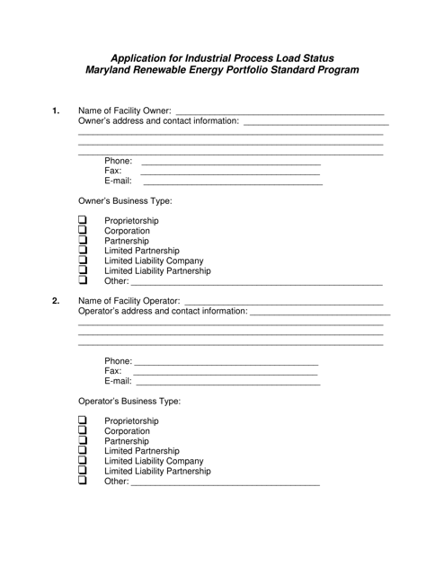 Application for Industrial Process Load Status - Maryland Renewable Energy Portfolio Standard Program - Maryland