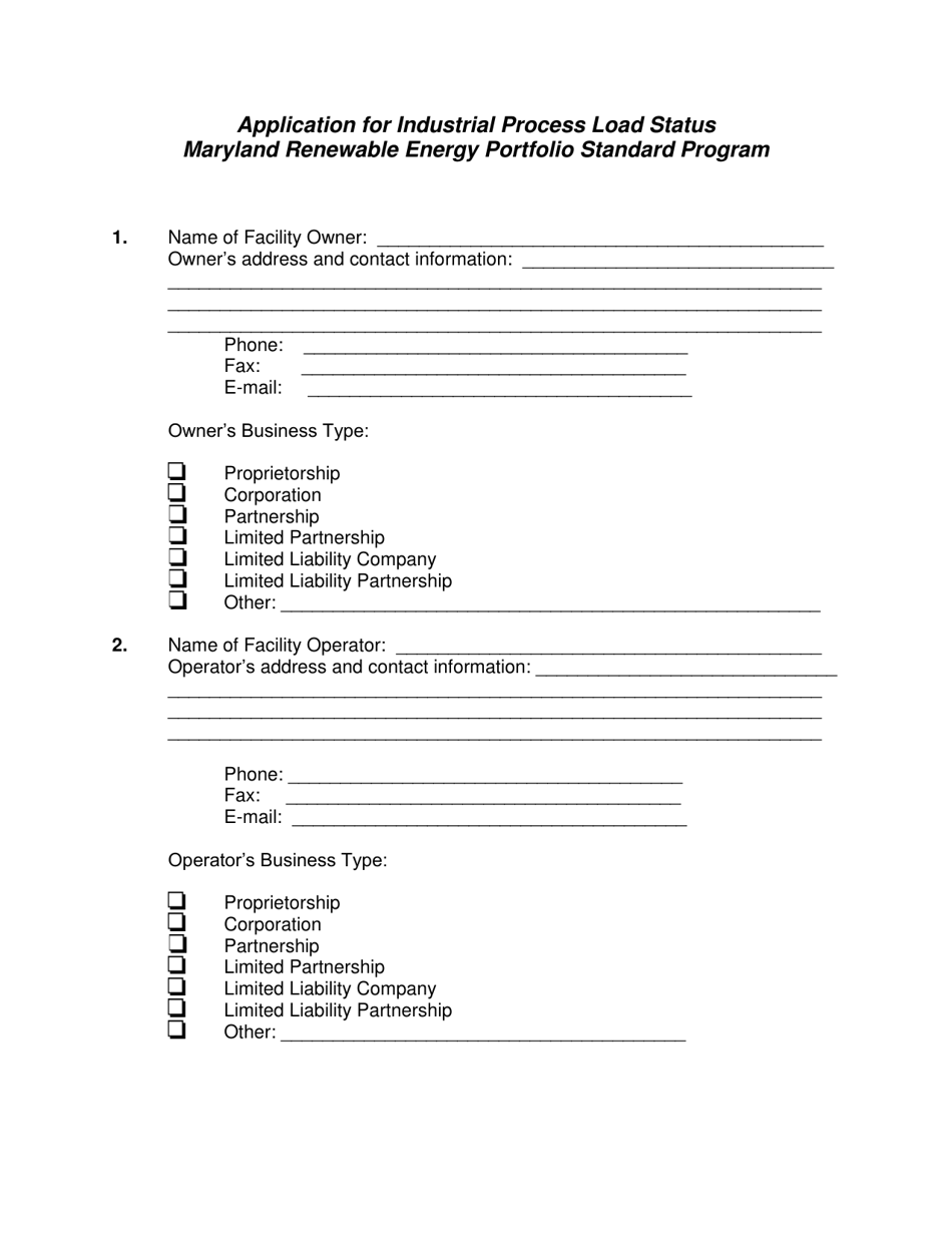Application for Industrial Process Load Status - Maryland Renewable Energy Portfolio Standard Program - Maryland, Page 1