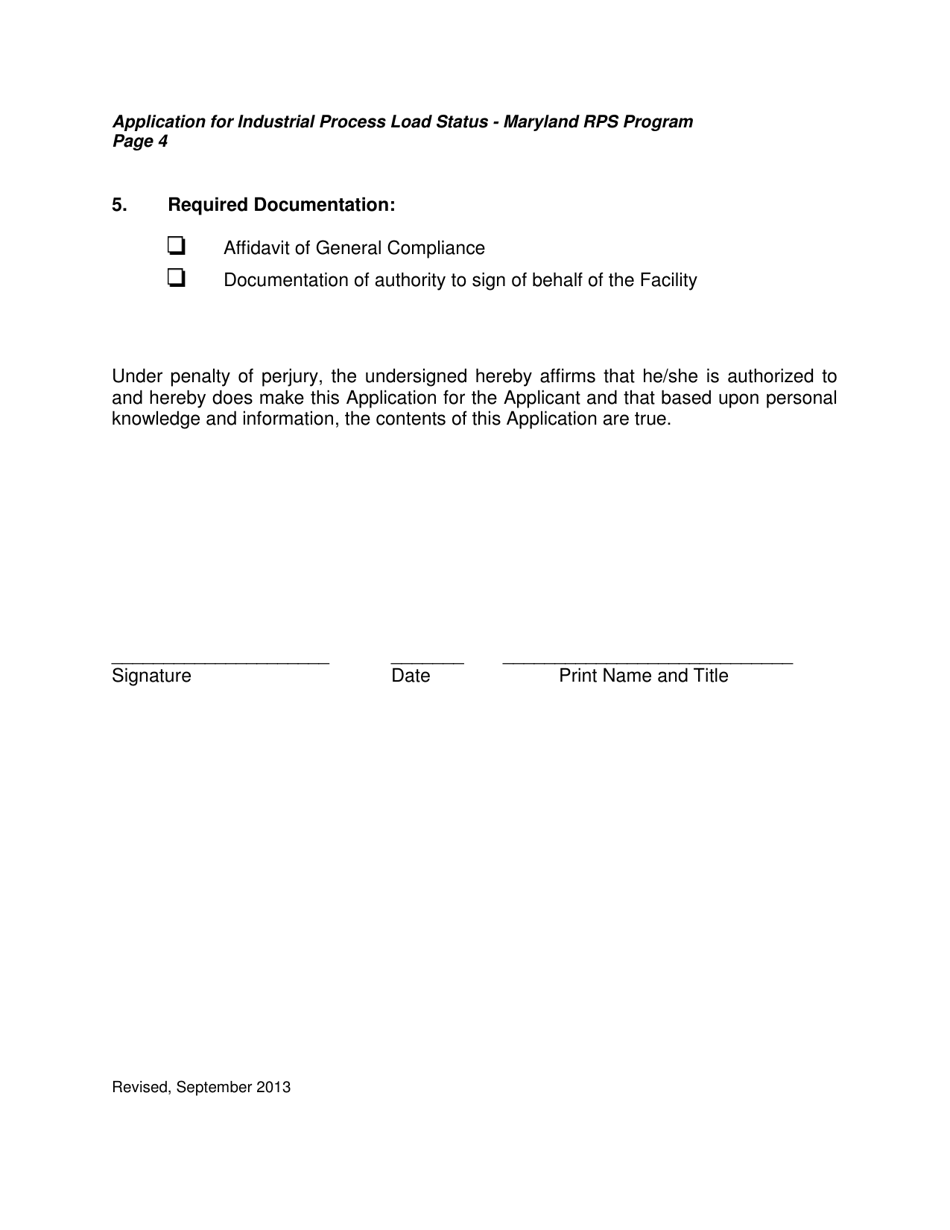 Application for Industrial Process Load Status - Maryland Renewable Energy Portfolio Standard Program - Maryland, Page 4