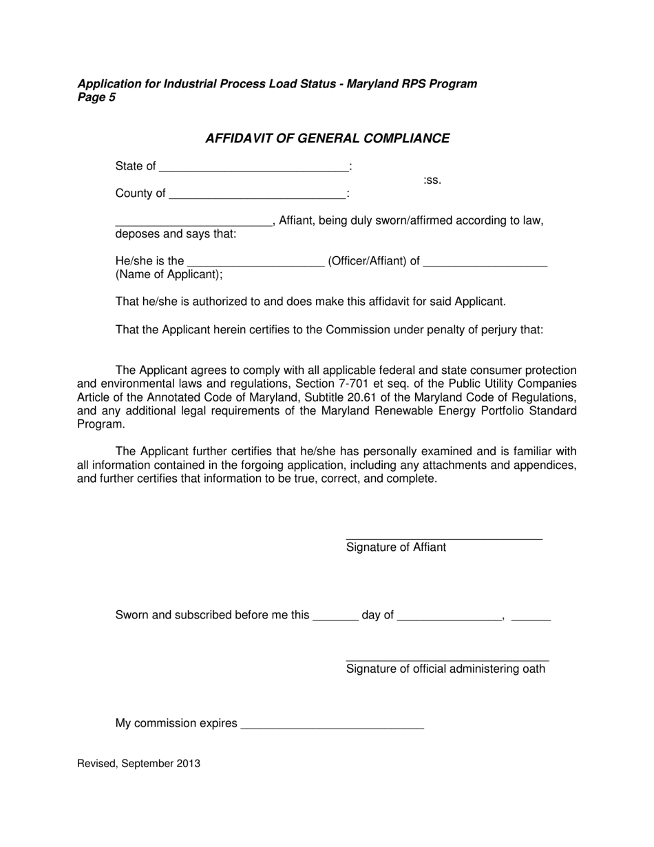 Application for Industrial Process Load Status - Maryland Renewable Energy Portfolio Standard Program - Maryland, Page 5