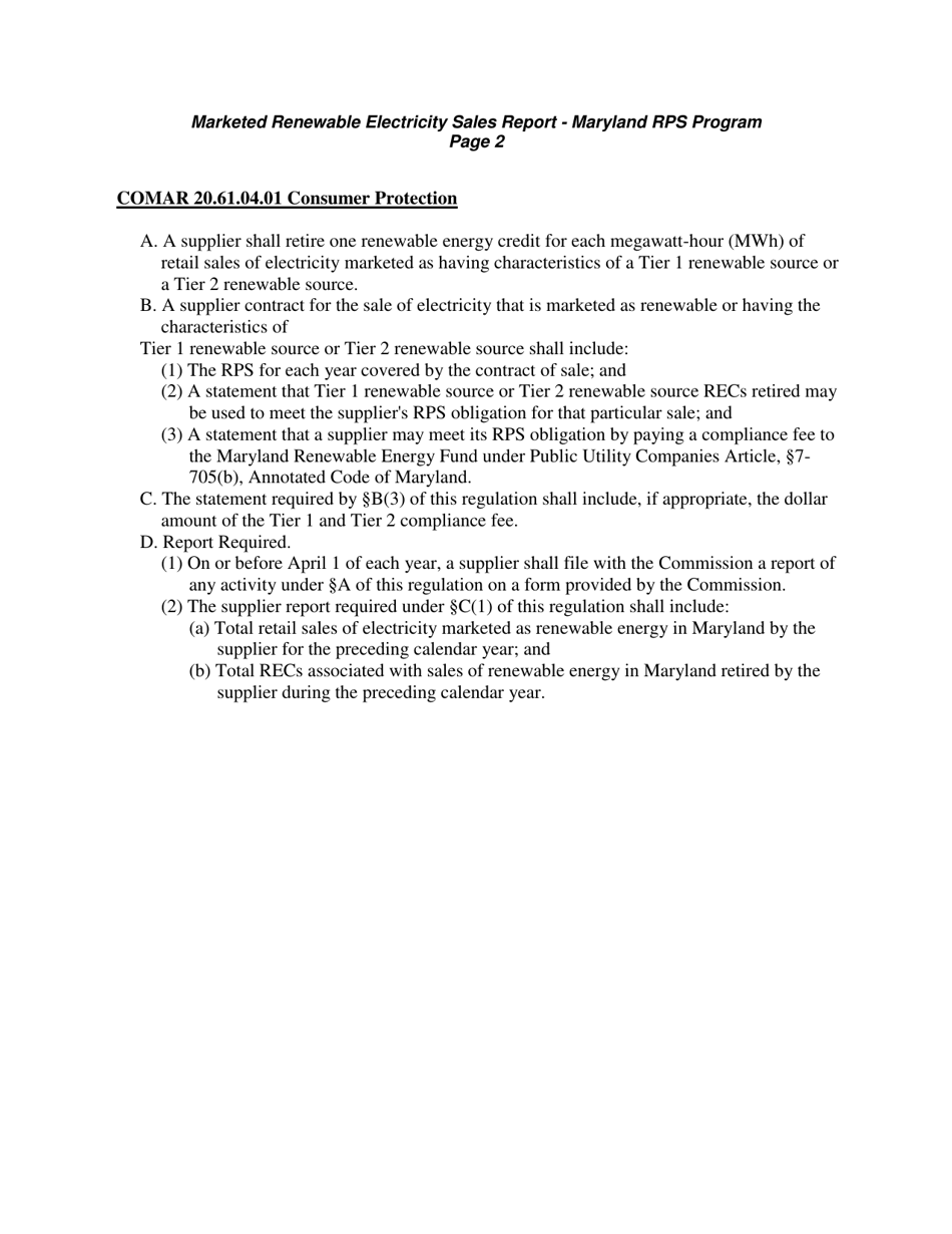 Marketed Renewable Electricity Sales Report - Maryland Renewable Energy Portfolio Standard Program - Maryland, Page 2