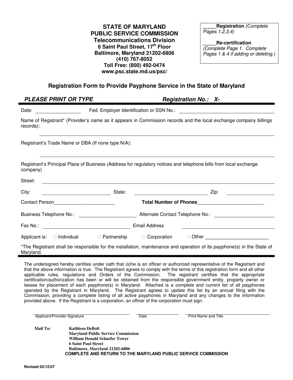 Registration Form to Provide Payphone Service in the State of Maryland - Maryland, Page 1