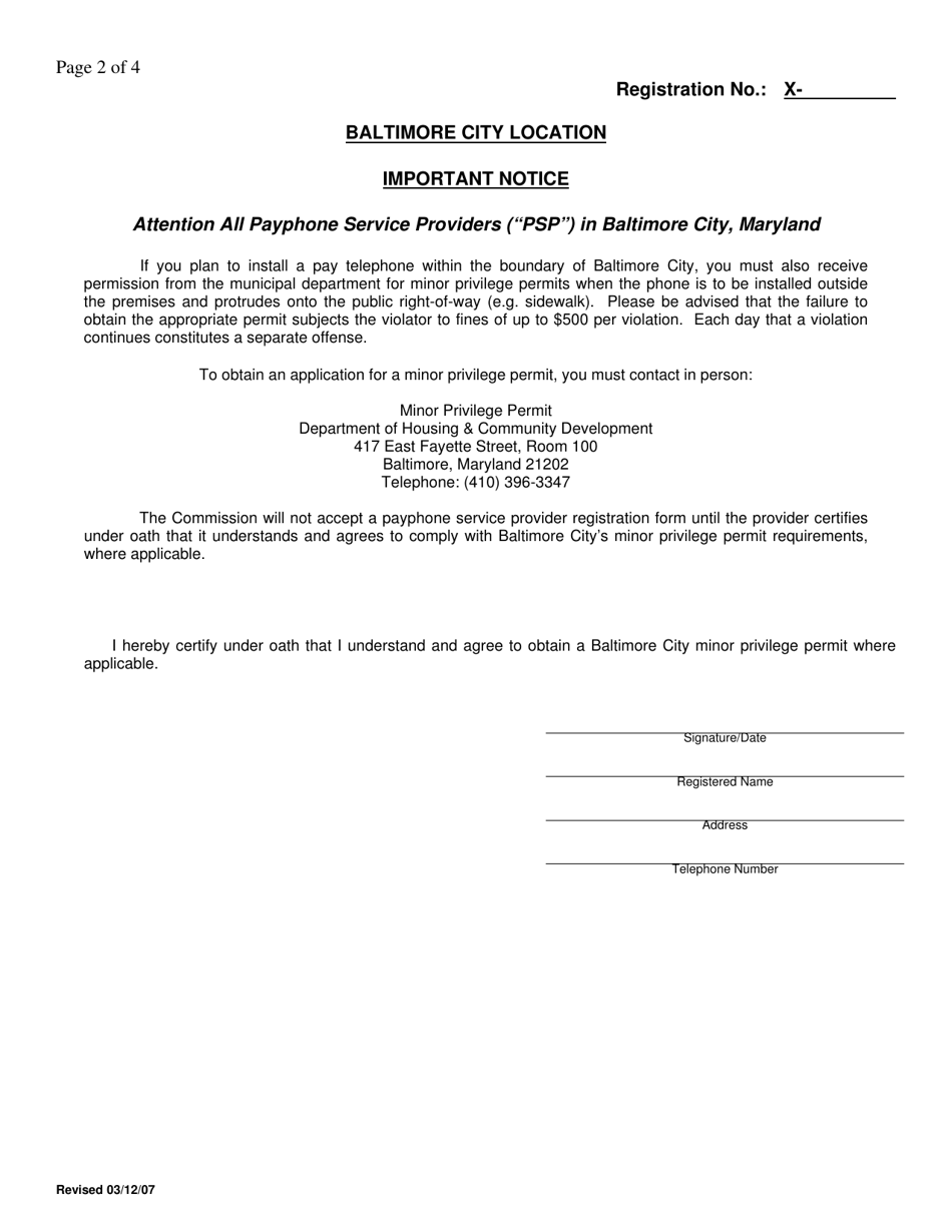 Registration Form to Provide Payphone Service in the State of Maryland - Maryland, Page 2