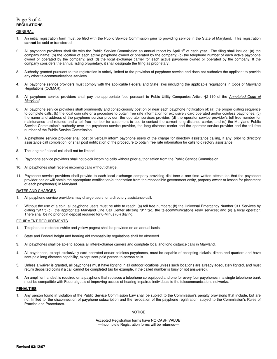 Registration Form to Provide Payphone Service in the State of Maryland - Maryland, Page 3
