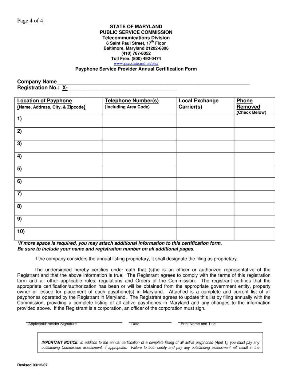 Registration Form to Provide Payphone Service in the State of Maryland - Maryland, Page 4