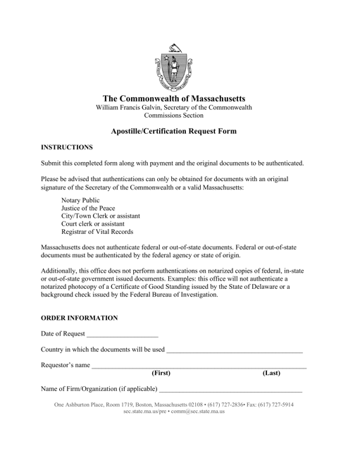Apostille/Certification Request Form - Massachusetts