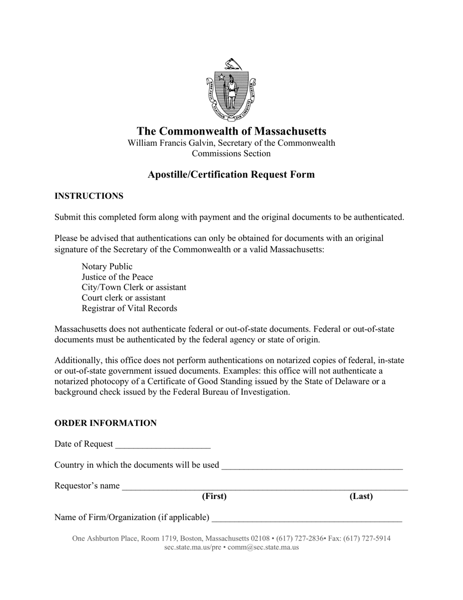 Apostille / Certification Request Form - Massachusetts, Page 1