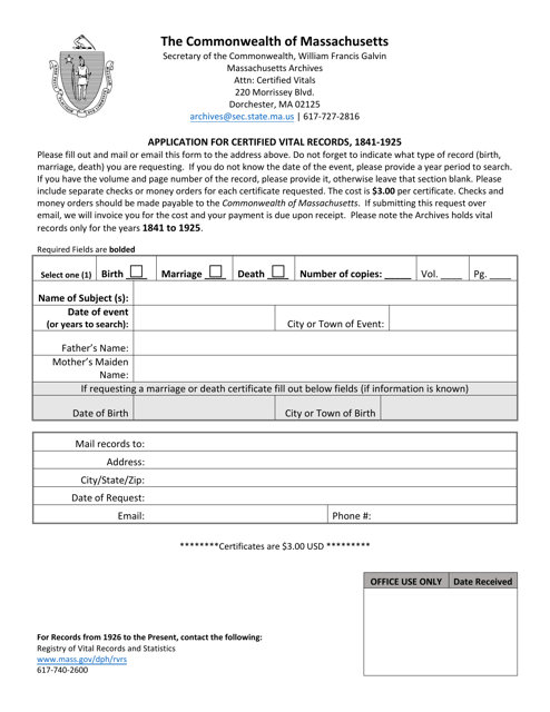 Application for Certified Vital Records, 1841-1925 - Massachusetts